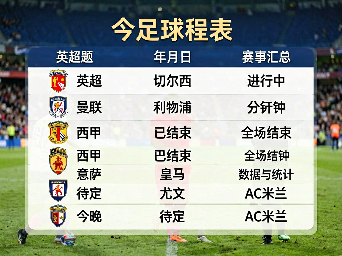 今日足球赛程表，包含英超西甲欧冠等多联赛安排